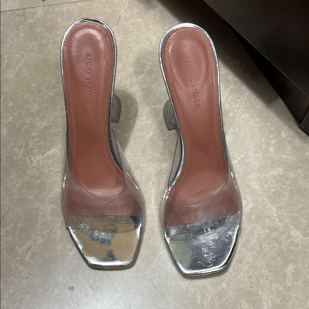 Amina Muaddi Metallic Silver Heels plexi clear heels size 38.5